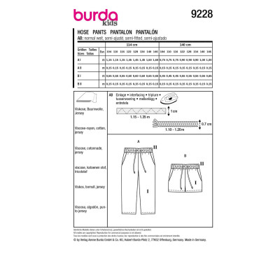 Střih Burda 9228, návod k šití: kalhoty s gumou v pase pro dívky a chlapce, tepláčky, šortky