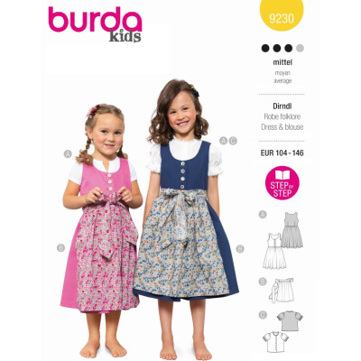 Střih Burda 9230, návod k šití: krojové šaty pro dívky, folklórní halenka, zástěrka
