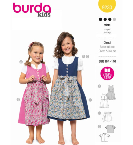 Střih Burda 9230, návod k šití: krojové šaty pro dívky, folklórní halenka, zástěrka
