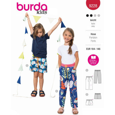 Střih Burda 9228, návod k šití: kalhoty s gumou v pase pro dívky a chlapce, tepláčky, šortky