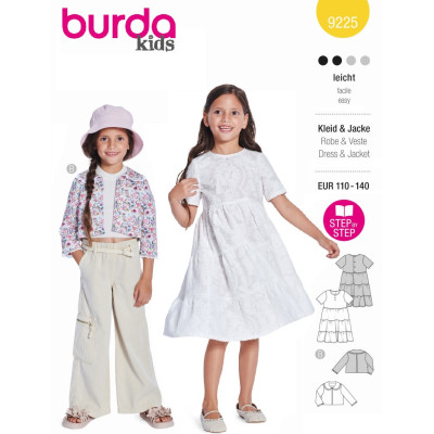 Střih Burda 9225, návod k šití: šaty s volánky pro dívky, krátké sako, bolerko