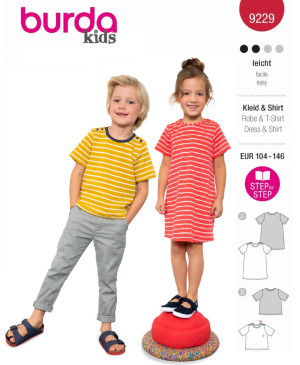 Střih Burda 9229, návod k šití: tričkové šaty, tričko pro dívky a chlapce