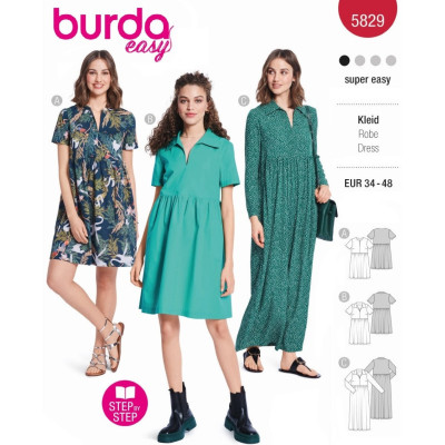 Střih Burda 5829, návod k šití: empírové šaty, šaty s límečkem, dlouhé šaty