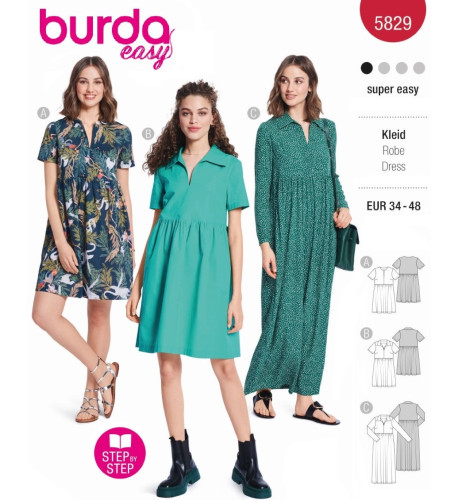 Střih Burda 5829, návod k šití: empírové šaty, šaty s límečkem, dlouhé šaty