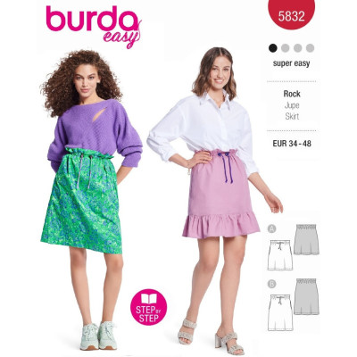 Střih Burda 5832, návod k šití: sukně se stahováním v pase, mini sukně, tepláková sukně