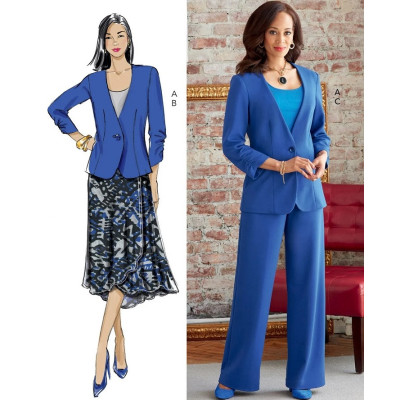 Střih Butterick 6860 kostýmek, sako, kalhoty s gumou v pase, zavinovací sukně