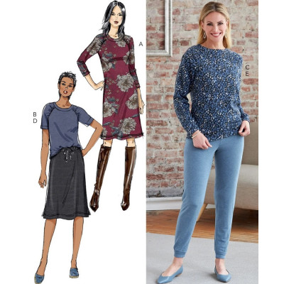 Střih Butterick 6859 tričkové šaty, tričko, sukně s gumou v pase, tepláky