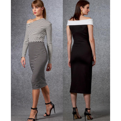 Střih Vogue 1674 šaty s nahými rameny, úpletové šaty na jedno rameno, midi šaty