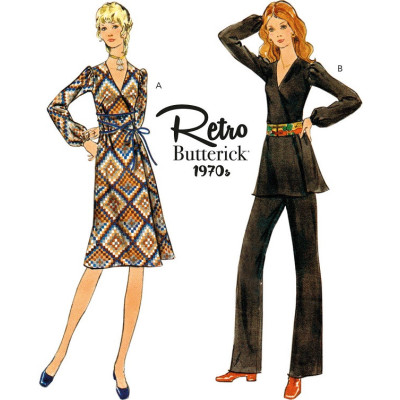 Střih Butterick 6958 Vintage zavinovací šaty, tunika, kalhoty s gumou v pase, 70. léta