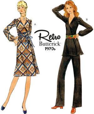 Střih Butterick 6958 Vintage zavinovací šaty, tunika, kalhoty s gumou v pase, 70. léta