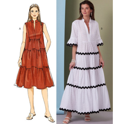 Střih Butterick 6993 dlouhé šaty, volné nabírané šaty, krajkové šaty