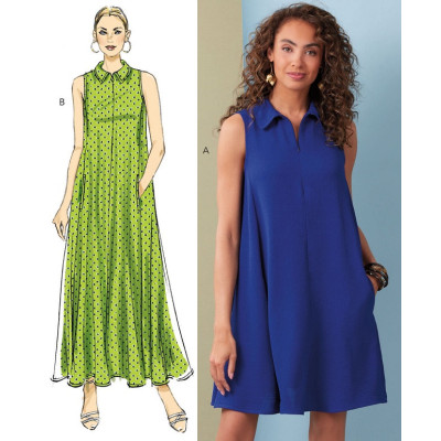 Střih Butterick 6994 dlouhé šaty se skrytým zipem vpředu, volné šaty, košilové šaty