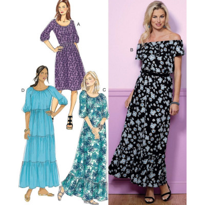 Střih Butterick 6451 halenkové šaty s gumou v pase, dlouhé šaty