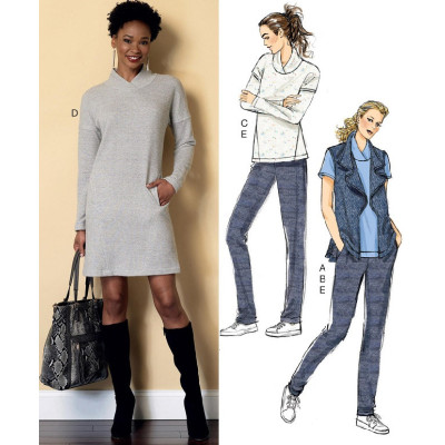 Střih Butterick 6388 mikinové šaty, top, vesta, kalhoty