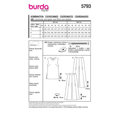 Střih Burda 5793, návod k šití: top bez rukávů, tunika, volné kalhoty se sklady