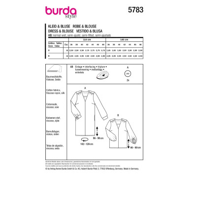 Střih Burda 5783, návod k šití: halenkové šaty, hedvábné šaty, halenka