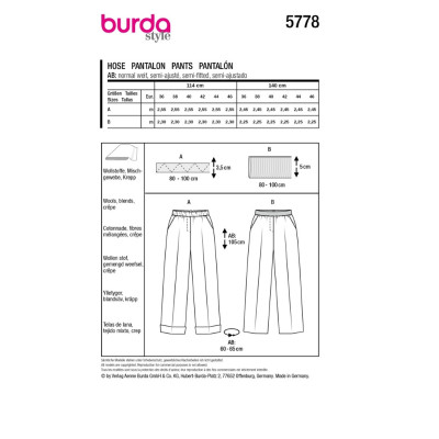 Střih Burda 5778, návod k šití: kalhoty s gumou v pase, vlněné kalhoty s puky