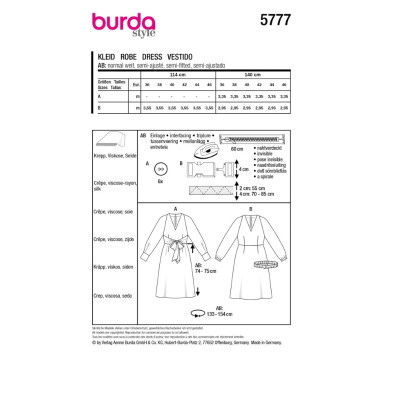 Střih Burda 5777, návod k šití: šaty s rozšířenou sukní, midi šaty, koktejlové šaty