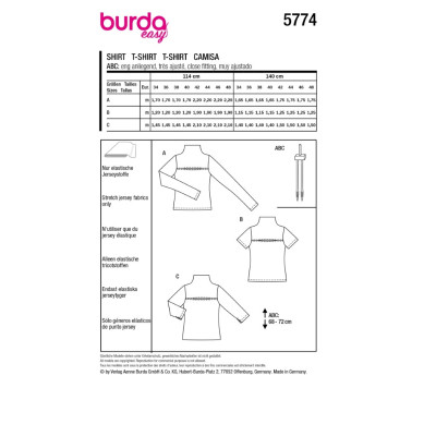 Střih Burda 5774, návod k šití: tričko s průstřihem v dekoltu, tričko s dlouhým rukávem, rolák
