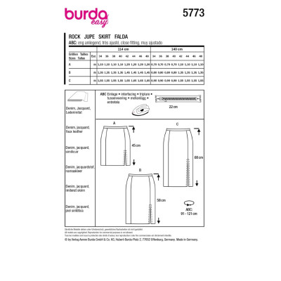 Střih Burda 5773, návod k šití: rovná sukně s bočním rozparkem, džínová sukně, kožená sukně