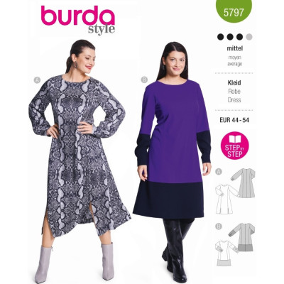 Střih Burda 5797, návod k šití: áčkové šaty s princesovými švy