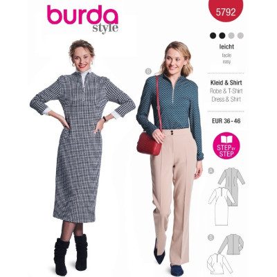 Střih Burda 5792, návod k šití: šaty se stojáčkem, žerzejové šaty na zip, košile na zip