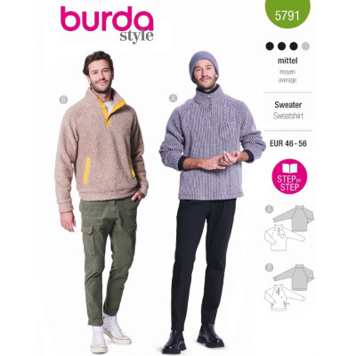 Střih Burda 5791, návod k šití: pánská mikina se stojáčkem, fleecová mikina