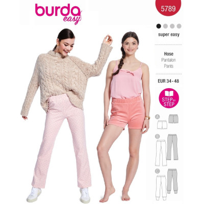 Střih Burda 5789, návod k šití: žerzejové kalhoty, teplákové kalhoty, plyšové šortky
