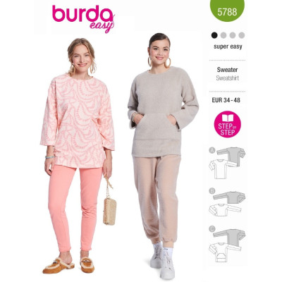 Střih Burda 5788, návod k šití: volná mikina, dlouhá mikina, krátká mikina