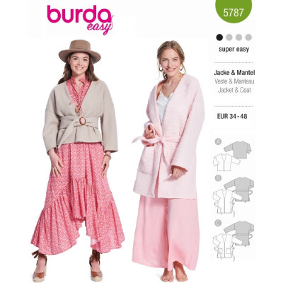 Střih Burda 5787, návod k šití: otevřené sako, zavinovací kabát s páskem, vaflový kabát