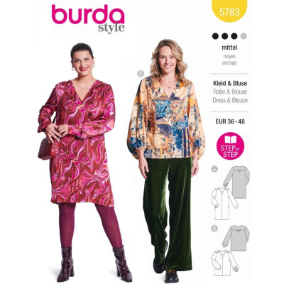 Střih Burda 5783, návod k šití: halenkové šaty, hedvábné šaty, halenka