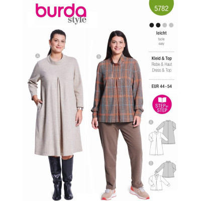 Střih Burda 5782, návod k šití: volné šaty se stojáčkem, úpletové šaty, mikina se stojáčkem
