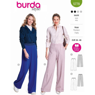 Střih Burda 5778, návod k šití: kalhoty s gumou v pase, vlněné kalhoty s puky
