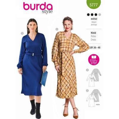 Střih Burda 5777, návod k šití: šaty s rozšířenou sukní, midi šaty, koktejlové šaty
