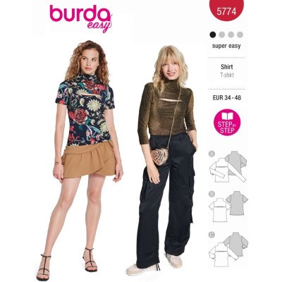 Střih Burda 5774, návod k šití: tričko s průstřihem v dekoltu, tričko s dlouhým rukávem, rolák