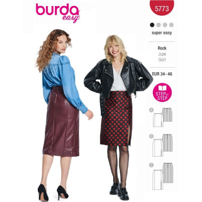Střih Burda 5773, návod k šití: rovná sukně s bočním rozparkem, džínová sukně, kožená sukně