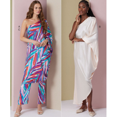 Střih Vogue 2021 šaty na jedno rameno, antické šaty, kalhoty s gumou v pase