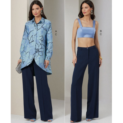 Střih Vogue 2037 volná košile, podprsenkový top, kalhoty s puky