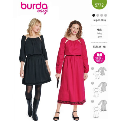 Střih Burda 5772, návod k šití: šaty s průstřihy v dekoltu, party šaty, koktejlové šaty