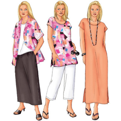 Střih Butterick 3039 tričkové šaty, košile, tričko, tunika, sukně s gumou v pase, kalhoty s gumou v pase