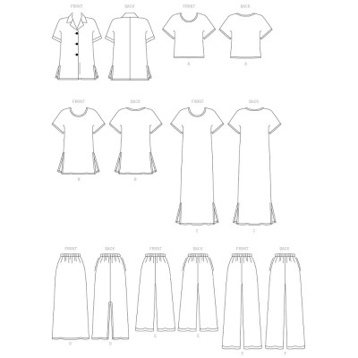 Střih Butterick 3039 tričkové šaty, košile, tričko, tunika, sukně s gumou v pase, kalhoty s gumou v pase