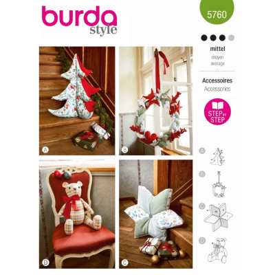 Střih Burda 5760, návod k šití: vánoční dekorace, věnec, medvídek