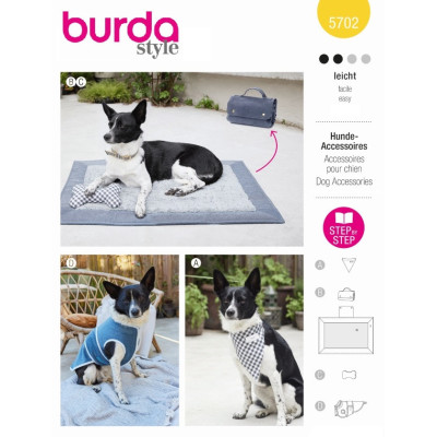 Střih Burda 5702, návod k šití: šátek a kabátek pro psa, cestovní pelišek, hračka