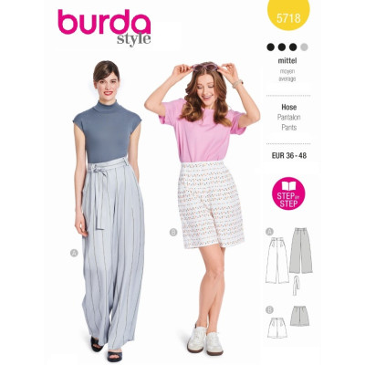 Střih Burda 5718, návod k šití: kalhoty marlene se širokými nohavicemi, šortky