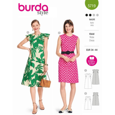 Střih Burda 5719, návod k šití: áčkové šaty s kulatým výstřihem