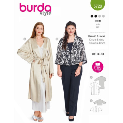 Střih Burda 5720, návod k šití: kabátek s páskem, kimono, saténový kabátek, kardigan