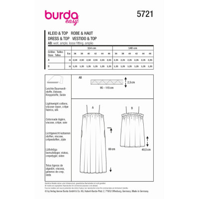 Střih Burda 5721, návod k šití: volné šaty na ramínka, top na ramínka, plážové šaty