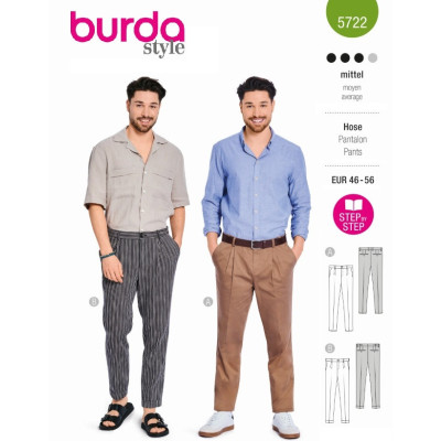 Střih Burda 5722, návod k šití: pánské kalhoty, kalhoty se sklady