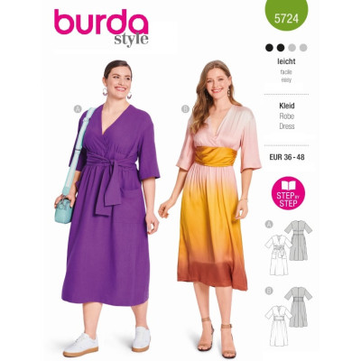 Střih Burda 5724, návod k šití: zavinovací šaty, midi šaty
