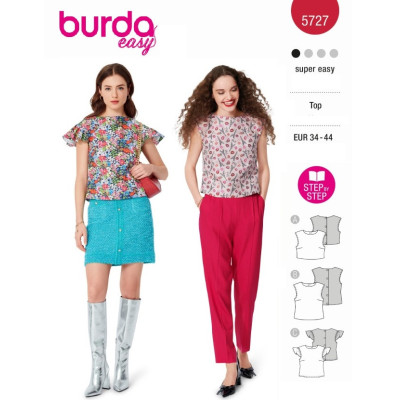Střih Burda 5727, návod k šití: halenka s propínáním na zádech, top bez rukávů, crop top